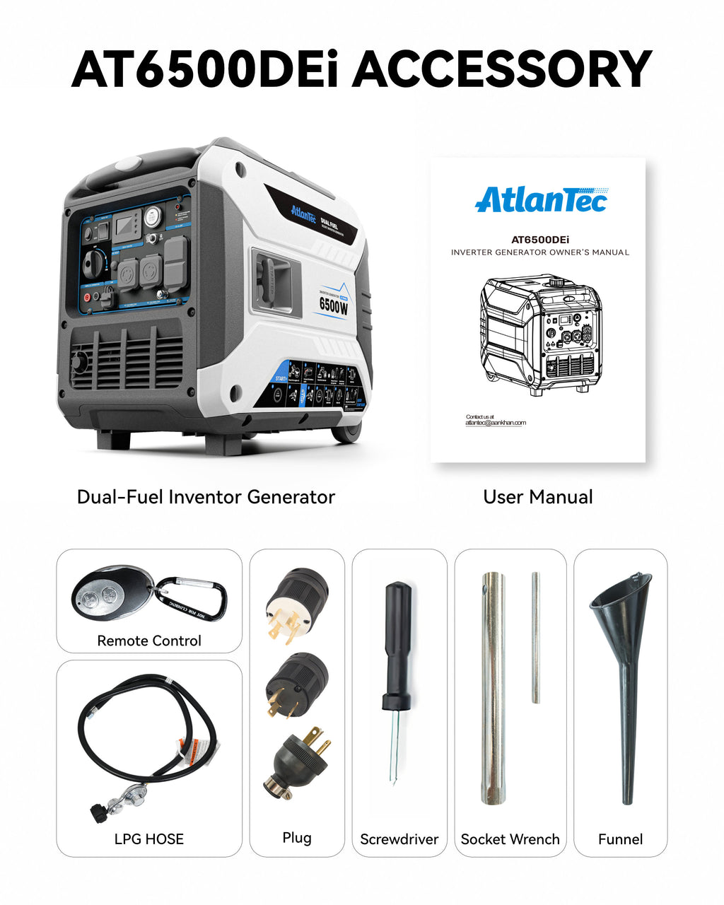 Dual-Fuel Inverter Generator Portable Quiet, 120V/230V/30A, AT6500DEi