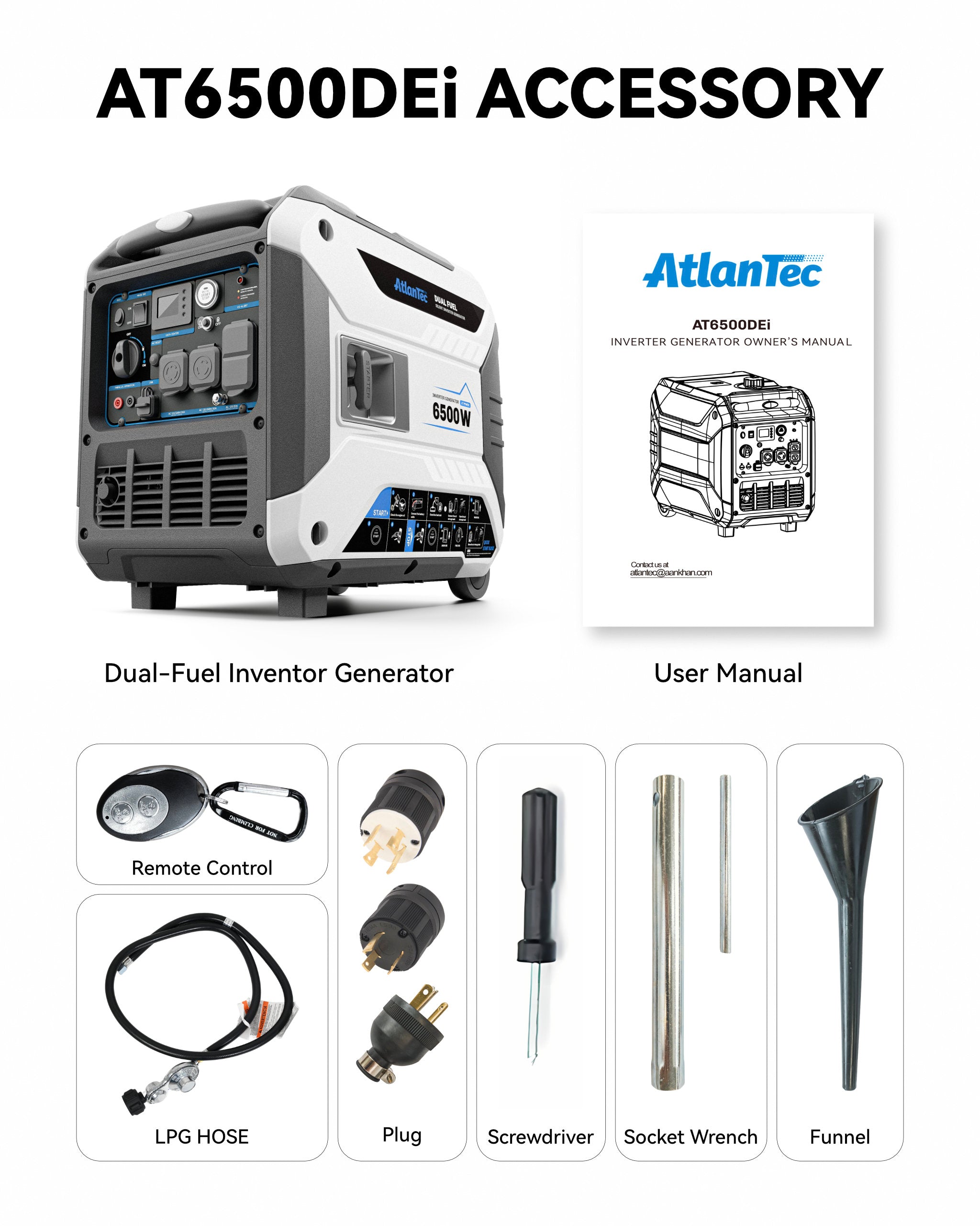 Dual-Fuel Inverter Generator Portable Quiet, 120V/230V/30A, AT6500DEi