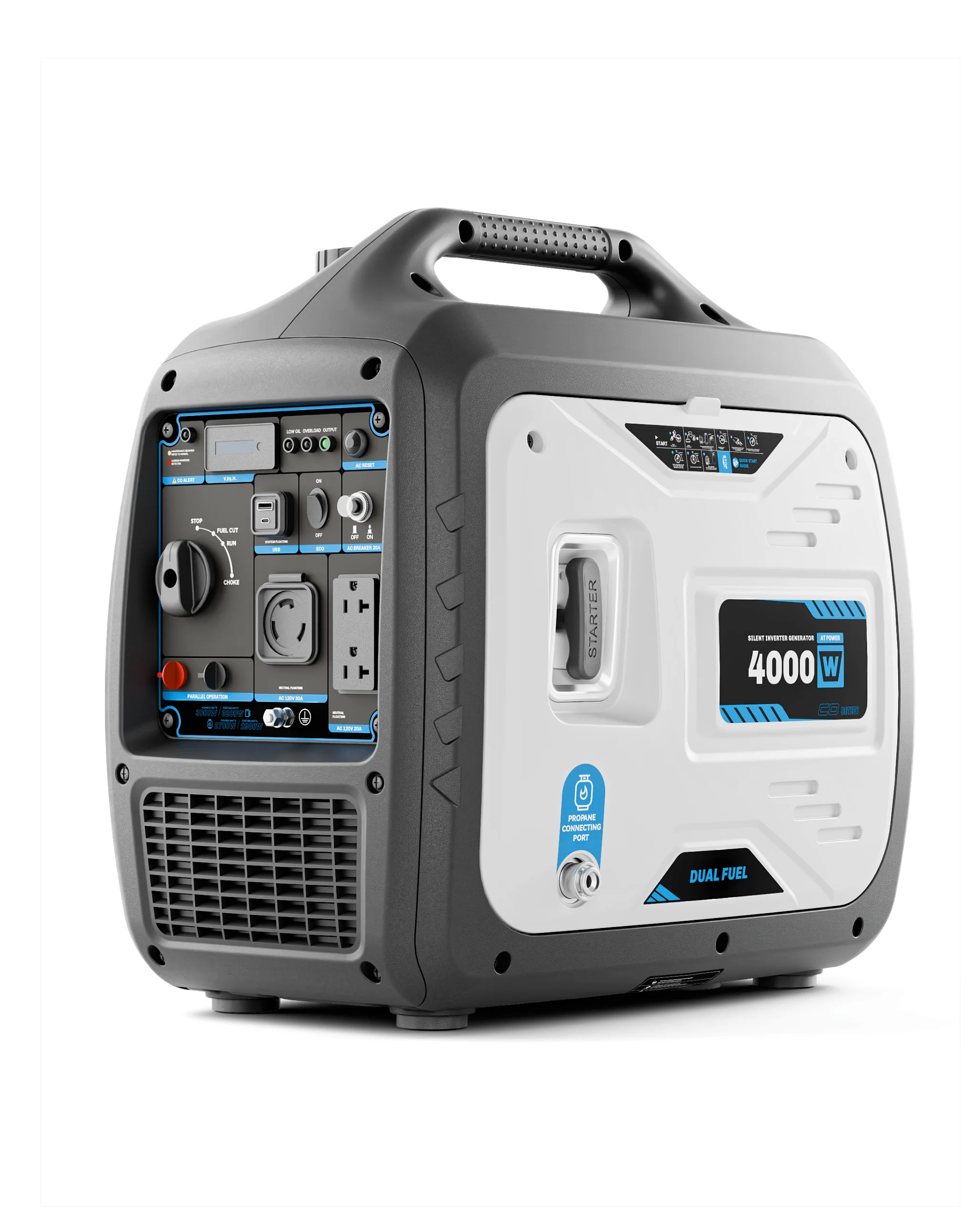 4000W Dual-Fuel Generator, Portable Quiet Inverter Gasoline and LPG Generator for Camping & RV, 120V/30A, EPA Emission Standard Compliant