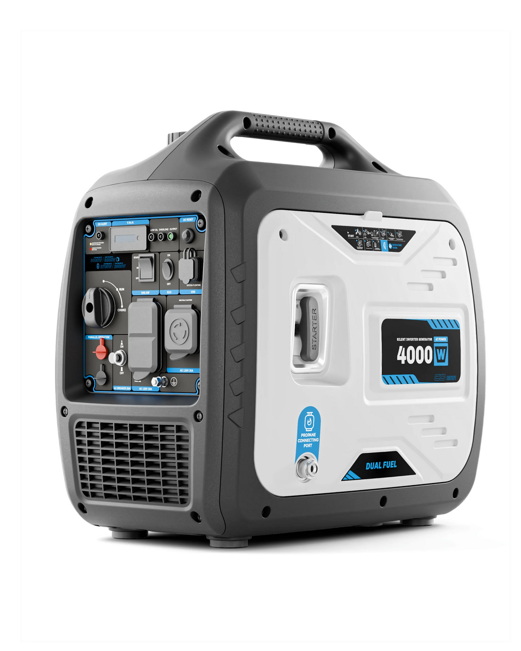 4000 Watt Dual Fuel Inverter Generator, RV Ready, Electric Start, Quiet for Outdoor Camping, Home Backup, Garden, PGMA Compliant