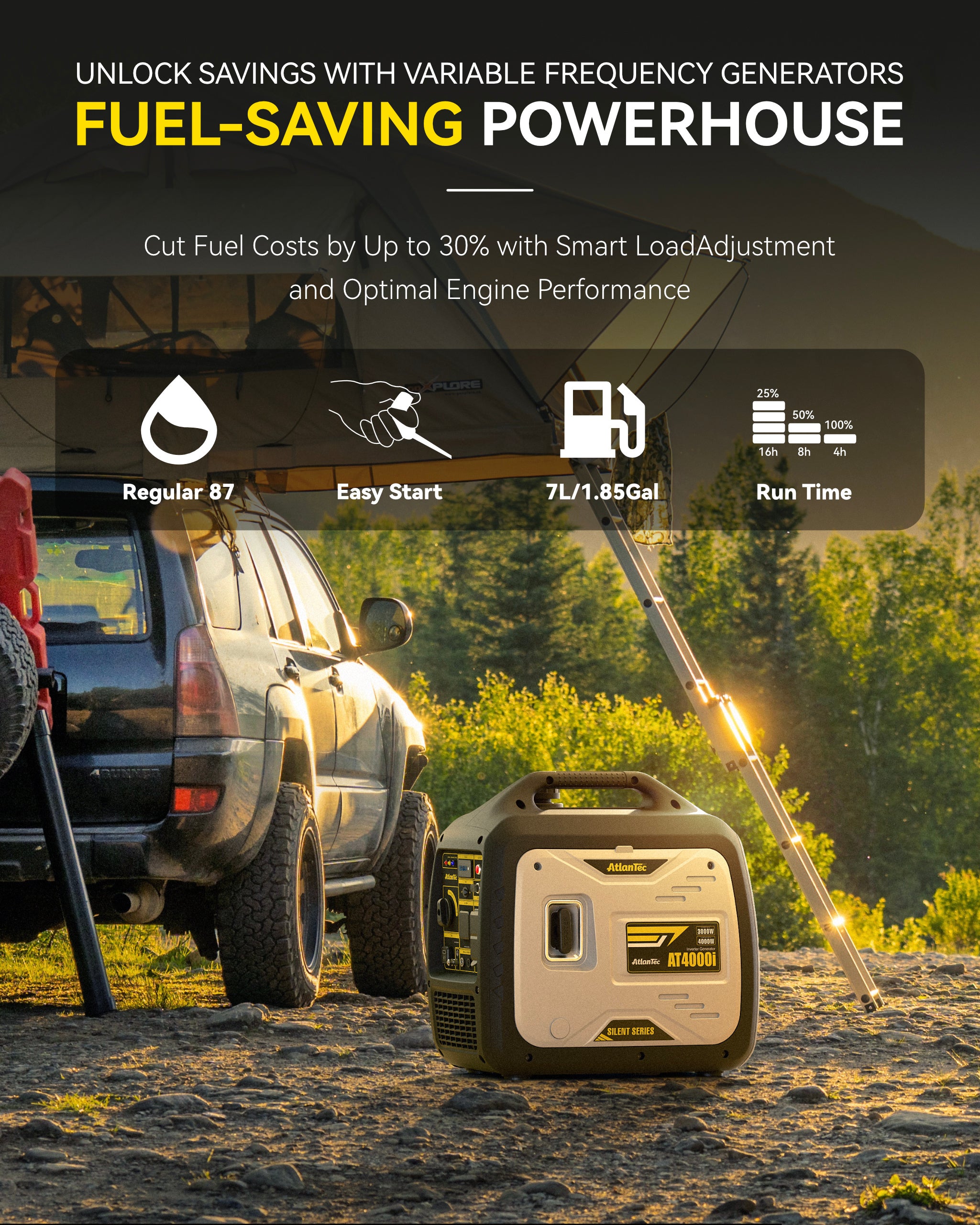 Portable Quiet Inverter Generator for Camping RV Home, 4000W, 120V/30A, EPA Emission Standard Compliant