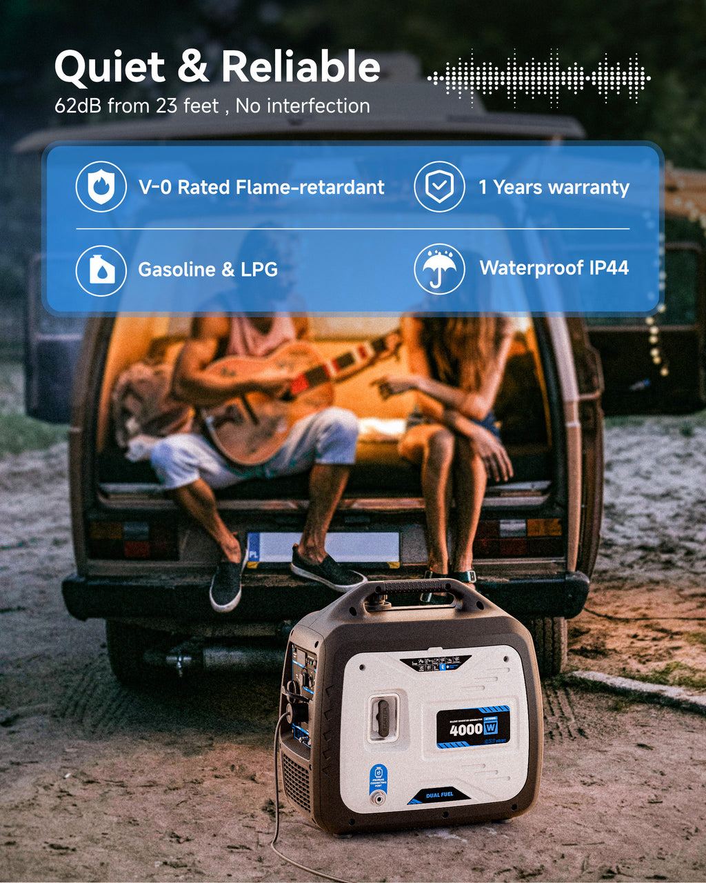 4000W Dual-Fuel Generator, Portable Quiet Inverter Gasoline and LPG Generator for Camping & RV, 120V/30A, EPA Emission Standard Compliant